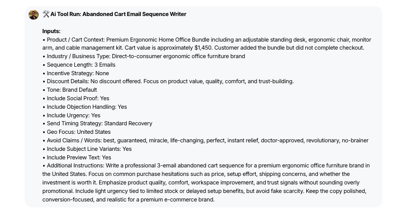 AI Tool - Abandoned Cart Email Sequence Writer - WorkLLM
