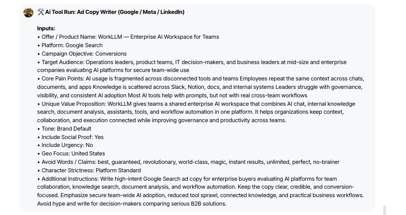 AI Tool - Ad Copy Generator - WorkLLM