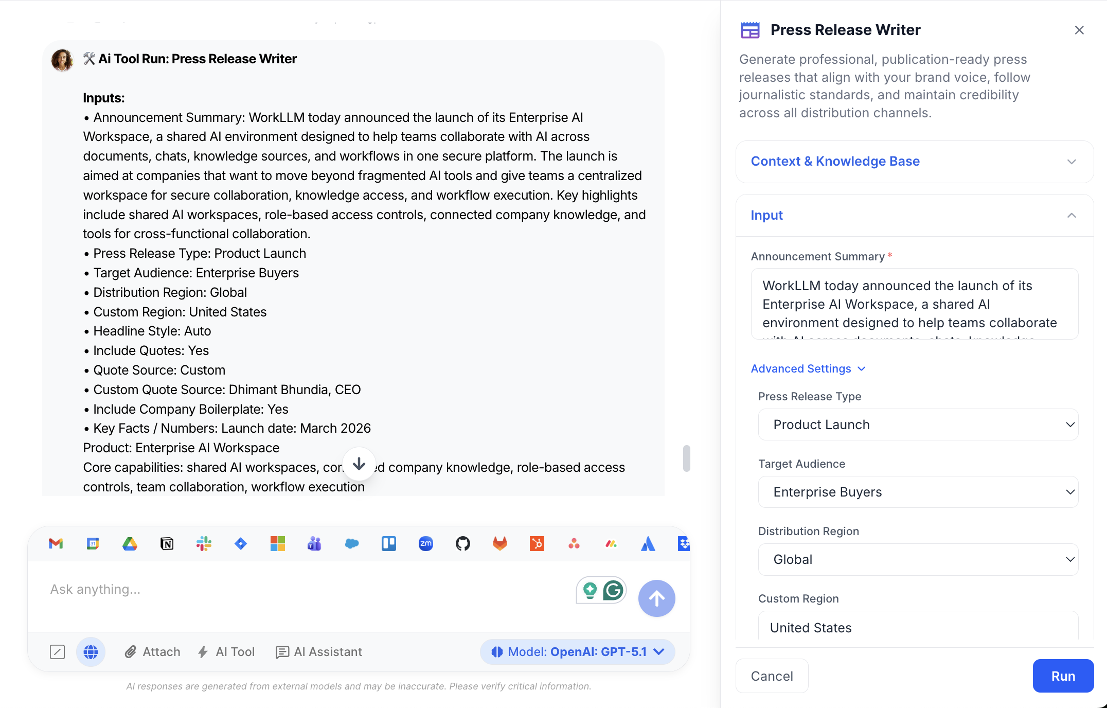 AI Tool - Press Release Writer - WorkLLM