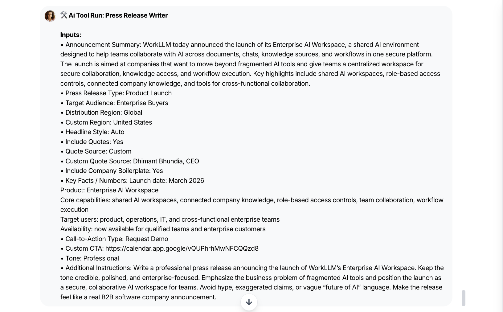 AI Tool - Press Release Writer - WorkLLM