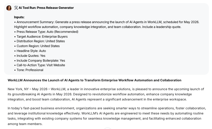 AI Tool - Press Release Generator Output - WorkLLM