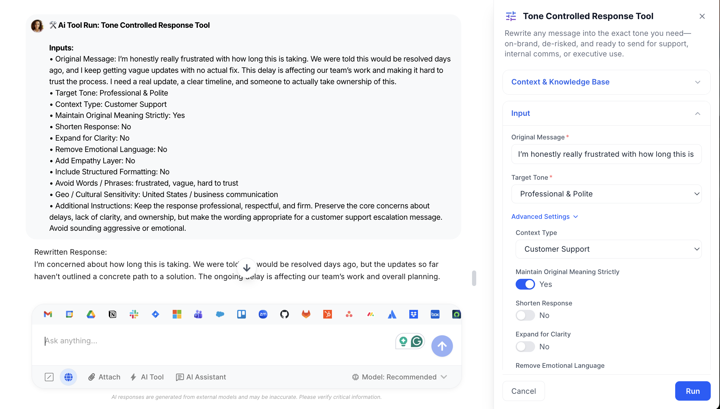 AI Tool - Tone Controlled Response Tool - WorkLLM